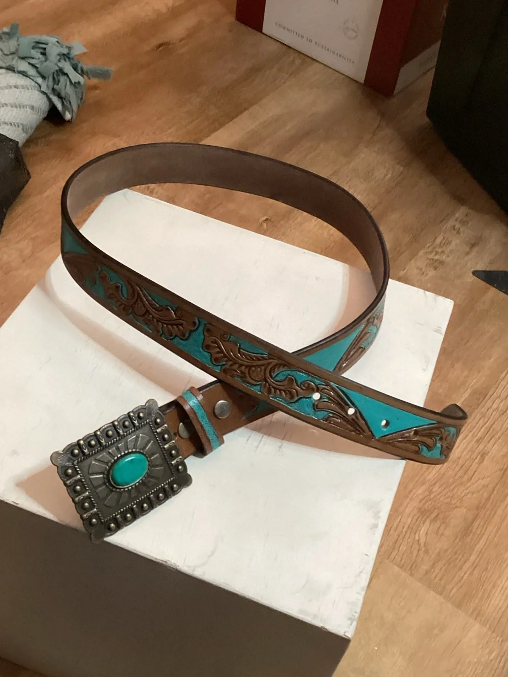 Turquoise Tooled Leather Belt with Decorative Buckle - size 36-38